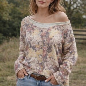 Free People Floral Angora Blend Off-Shoulder Knit Sweater Size S/M